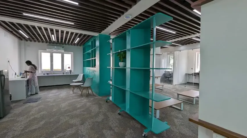 Colour-led workplace storage and partitions completed by Trifold, Chennai