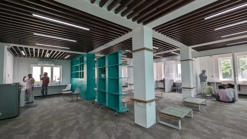 Custom workplace cabinetry and ceiling details completed by Trifold, Chennai