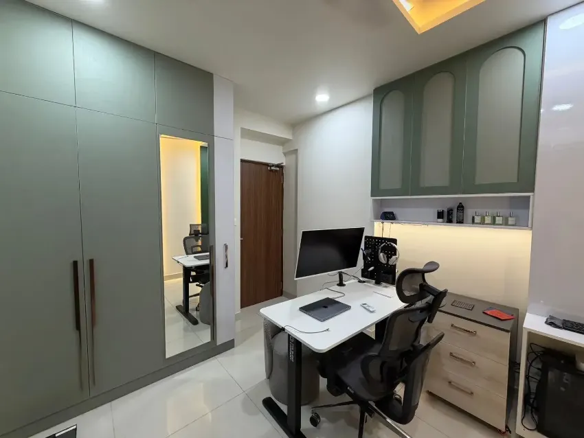 Compact home study with custom storage completed by Trifold, Chennai