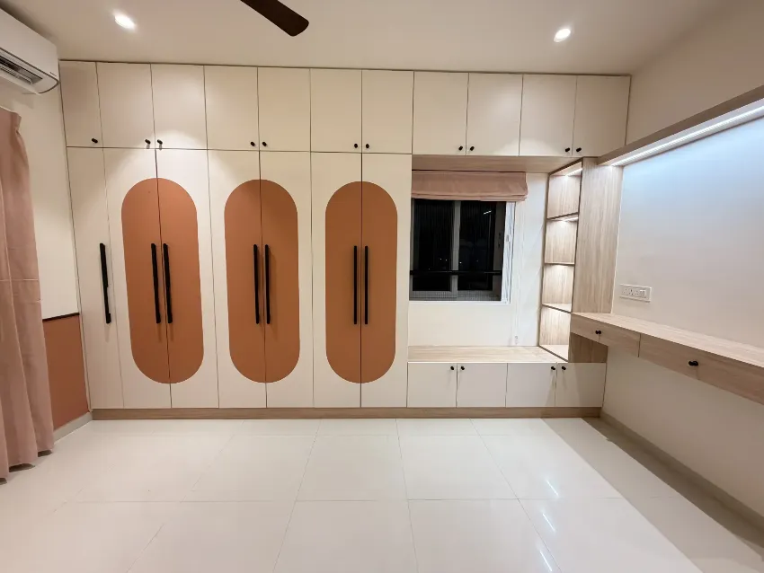 Bedroom storage wall and window seat completed by Trifold, Chennai