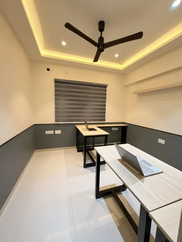 Home office with geometric workstation completed by Trifold, Chennai