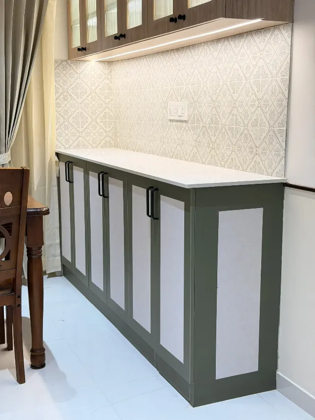 Dining storage and countertop detail completed by Trifold, Chennai