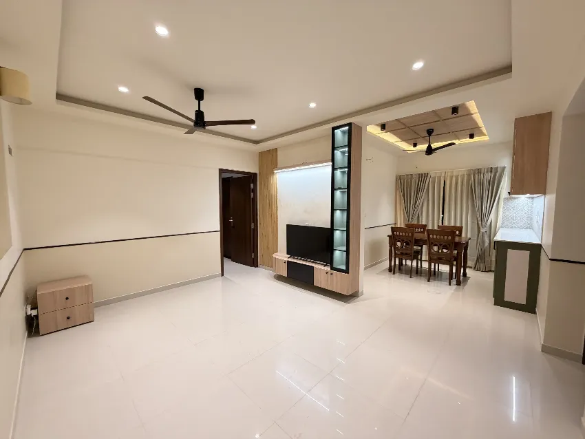Contemporary living room with media wall completed by Trifold, Chennai