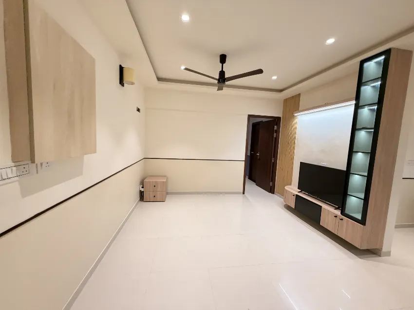Bright living space with integrated storage completed by Trifold, Chennai