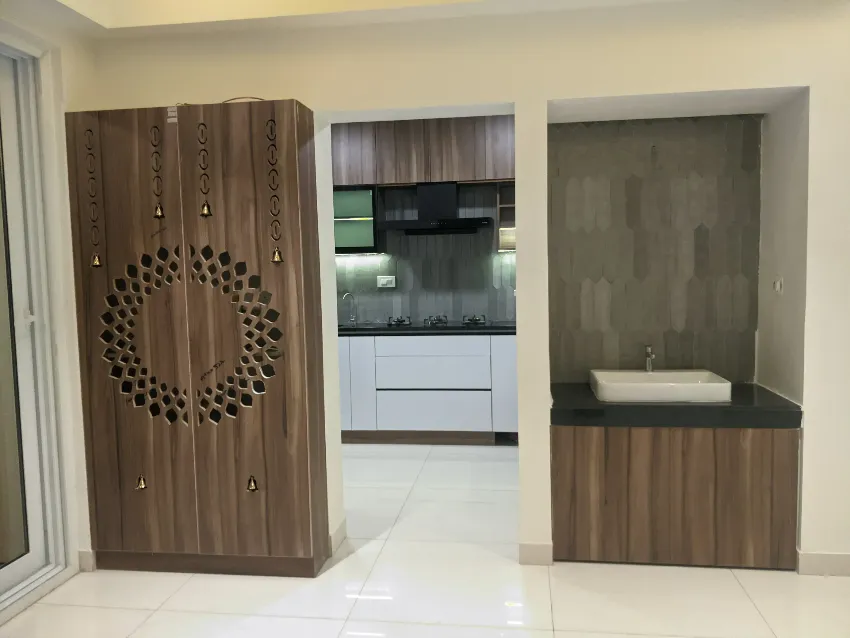 Decorative timber screen and storage completed by Trifold, Chennai