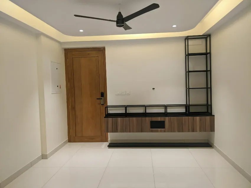 Custom media console and shelving completed by Trifold, Chennai