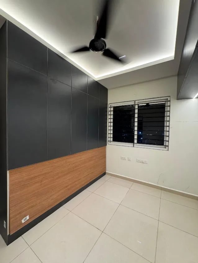 Dark contemporary bedroom completed by Trifold, Chennai