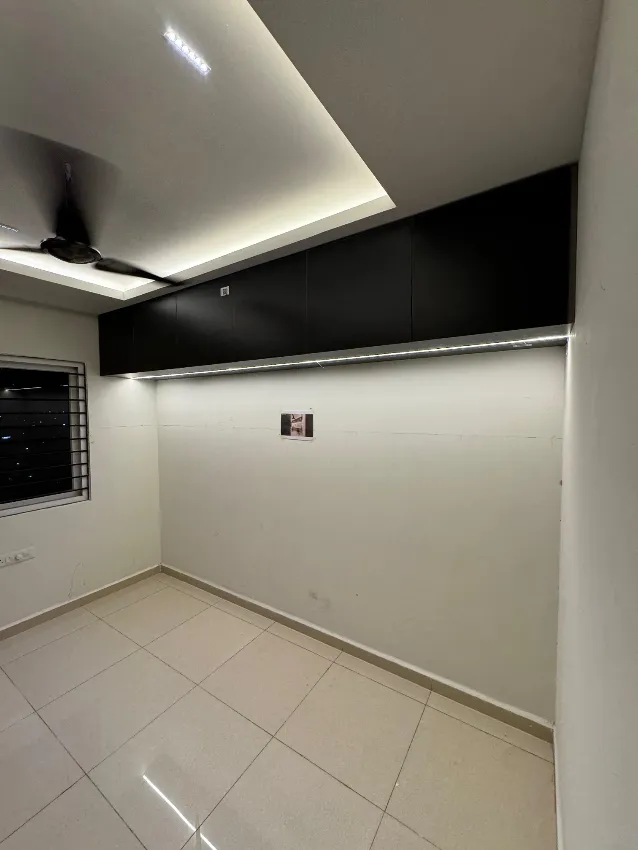 Monochrome bedroom with integrated lighting completed by Trifold, Chennai